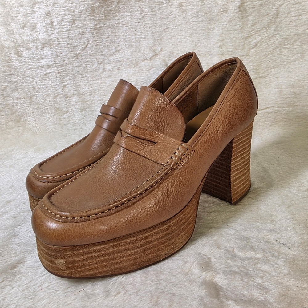 Kork-Ease Platform Loafers Brown Leather Block Heel Womens 9.5 Excellent